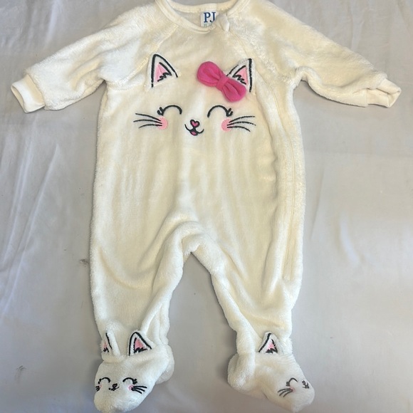 PJ Place - NWT - White and Pink Cat Footies Cozy One Piece romper - Picture 1 of 4